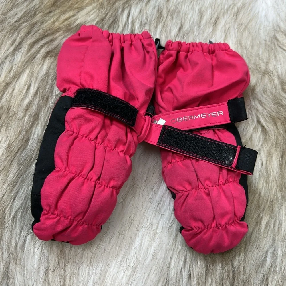 XS Obermeyer Kids' Pink and Black Mittens with Zipper and Velcro Strap